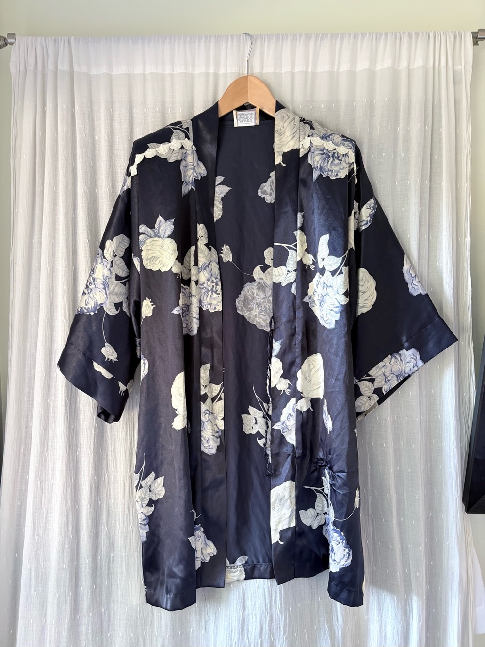Vintage California Dynasty Navy Blue Floral Satin Kimono